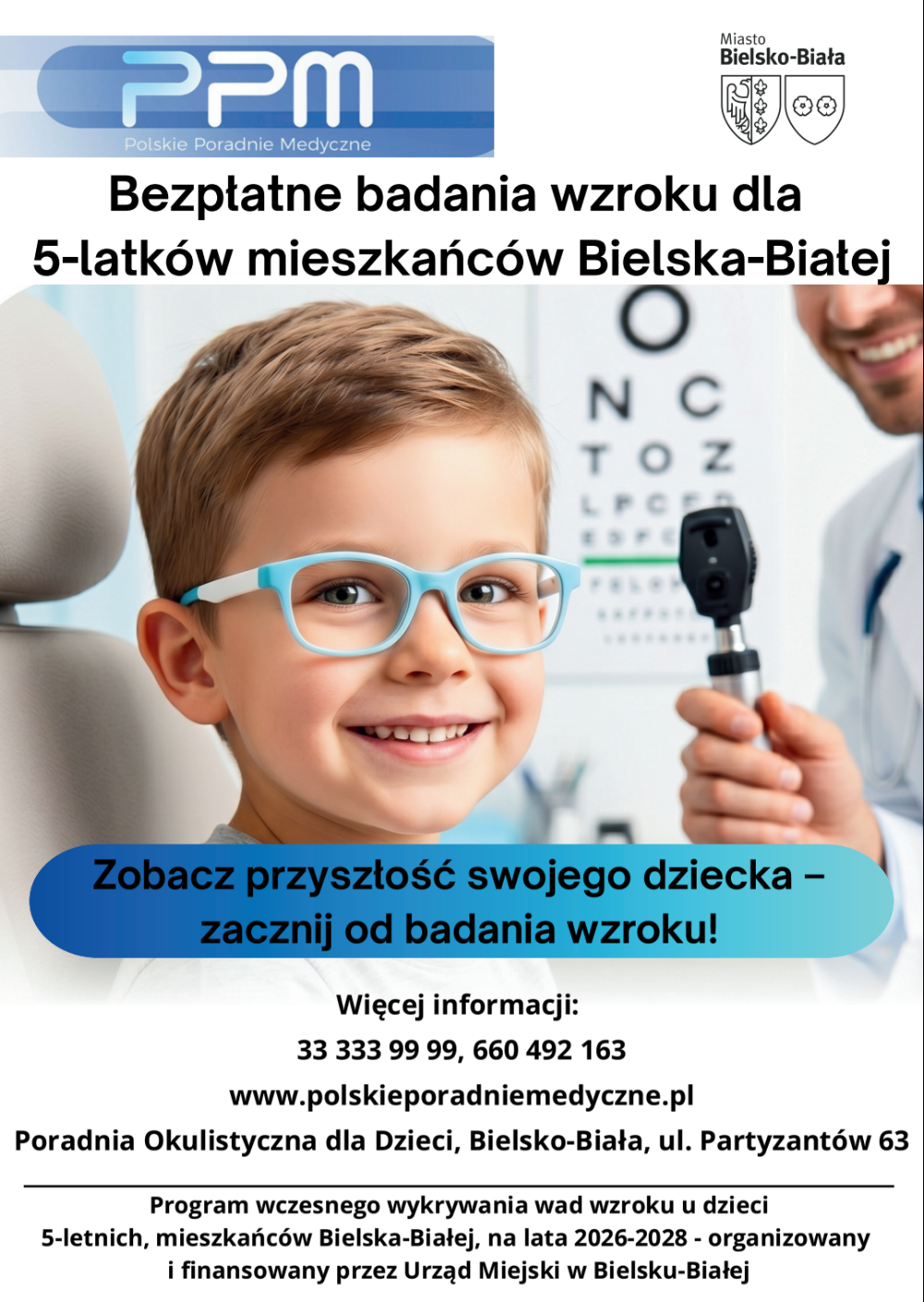 Plakat informacyjny programu bezpłatnych badań wzroku dla 5-latków mieszkańców Bielska-Białej